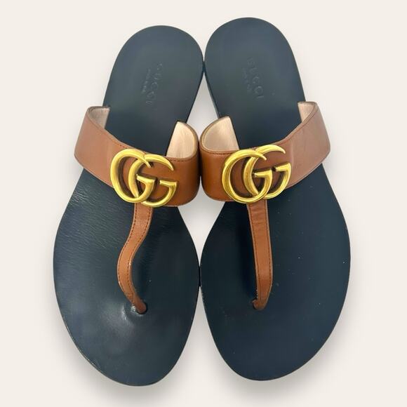 Gucci GG Marmont Thong Flat Leather Sandals Black Cognac Brown 36.5 Women’s - Picture 2 of 14